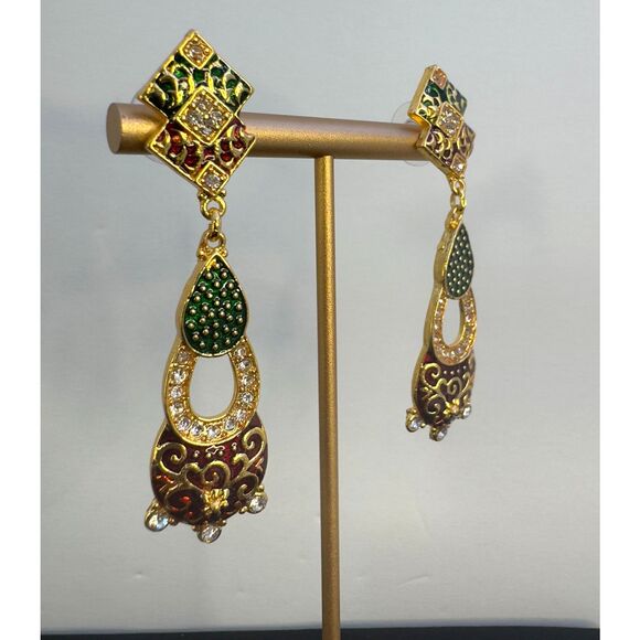 Beautiful Rhinestone and Enamel Dangle Earrings - Picture 4 of 6